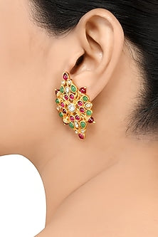 Gold Finish Pearl & Crystal Floral Stud Earrings