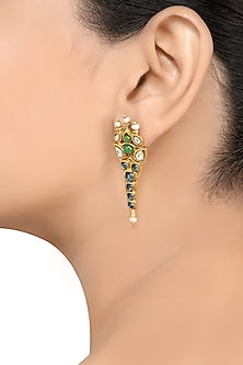 Gold Finish Pearl & Crystal Floral Dangler Earrings