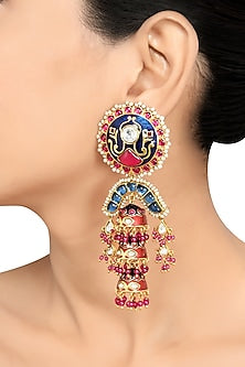 Gold Finish Pearl & Crystal Floral Dangler Earrings