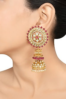 Gold Finish Pearl & Crystal Floral Dangler Earrings