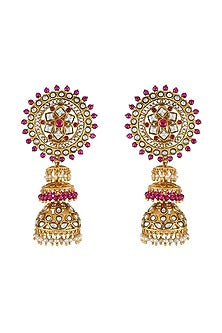 Gold Finish Pearl & Crystal Floral Dangler Earrings
