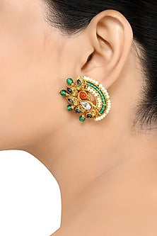 Gold Finish Pearl & Crystal Floral Stud Earrings