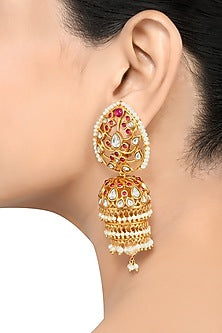 Gold Finish Pearl & Crystal Floral Dangler Earrings