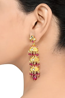 Gold Finish Pearl & Crystal Floral Dangler Earrings