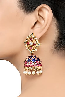 Gold Finish Pearl & Crystal Floral Dangler Earrings