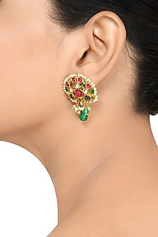 Gold Finish Pearl & Crystal Floral Stud Earrings