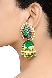 Gold Finish Pearl & Crystal Floral Dangler Earrings