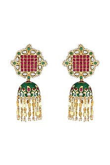 Gold Finish Pearl & Crystal Floral Dangler Earrings