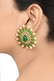 Gold Finish Pearl & Crystal Floral Stud Earrings