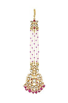Gold Finish Pearl & Crystal Enameled Floral Maangtikka
