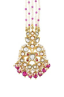 Gold Finish Pearl & Crystal Enameled Floral Maangtikka
