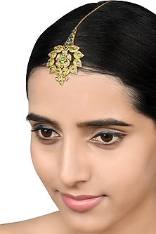 Gold Finish Pearl & Crystal Floral Maangtikka