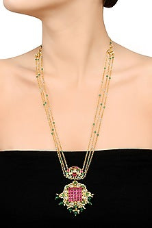 Gold Finish Pearl & Crystal Floral Pendant Necklace
