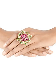 Gold Finish Pearl & Crystal Floral Ring