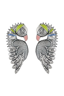 Oxidised Silver Finish Enameled Bird Ear Cuffs