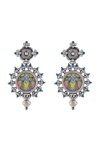 Oxidised Silver Finish Hand-Painted Floral Earrings
