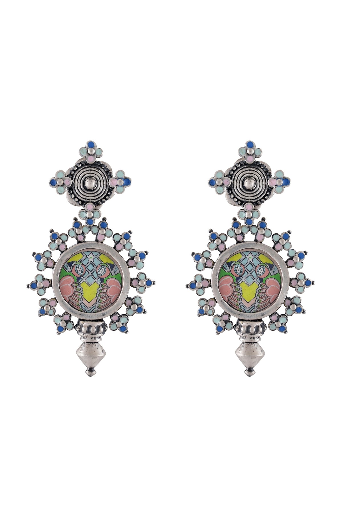 Oxidised Silver Finish Hand-Painted Floral Earrings