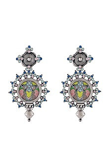 Oxidised Silver Finish Hand-Painted Floral Earrings