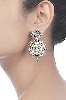Oxidised Silver Finish Hand-Painted Floral Earrings