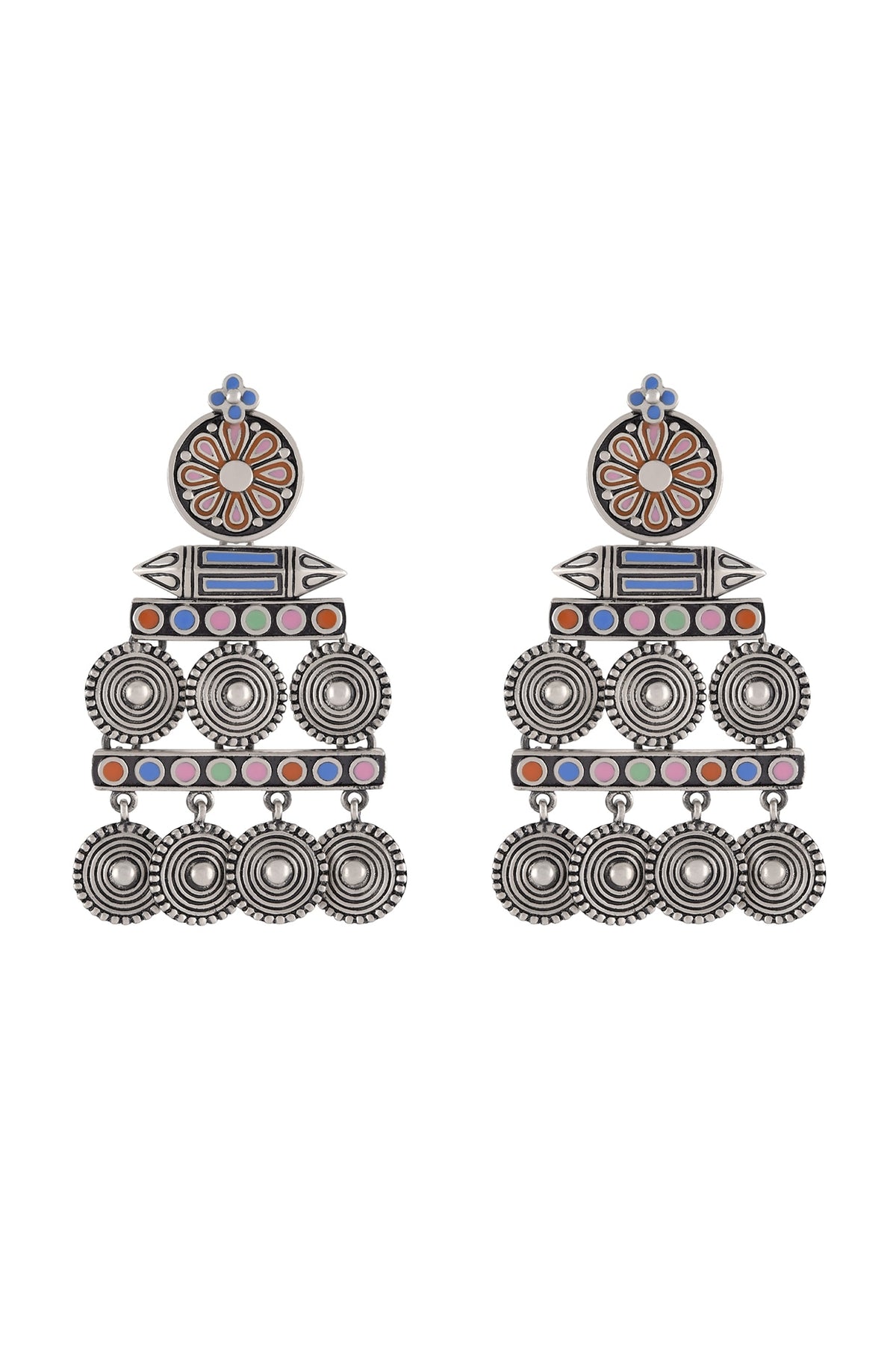 Oxidised Silver Finish Enameled Coin-Charm Earrings