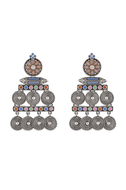 Oxidised Silver Finish Enameled Coin-Charm Earrings