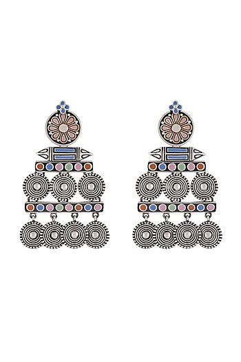 Oxidised Silver Finish Enameled Coin-Charm Earrings
