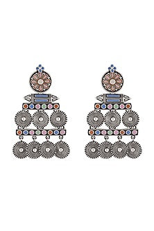 Oxidised Silver Finish Enameled Coin-Charm Earrings