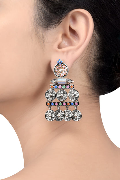 Oxidised Silver Finish Enameled Coin-Charm Earrings
