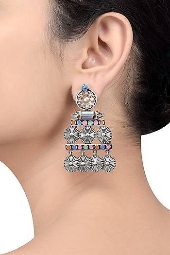 Oxidised Silver Finish Enameled Coin-Charm Earrings
