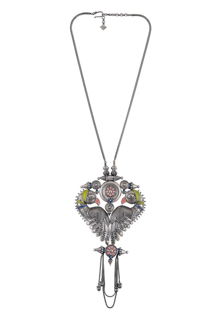 Oxidised Silver Finish Enameled Bird Necklace