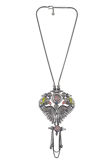 Oxidised Silver Finish Enameled Bird Necklace