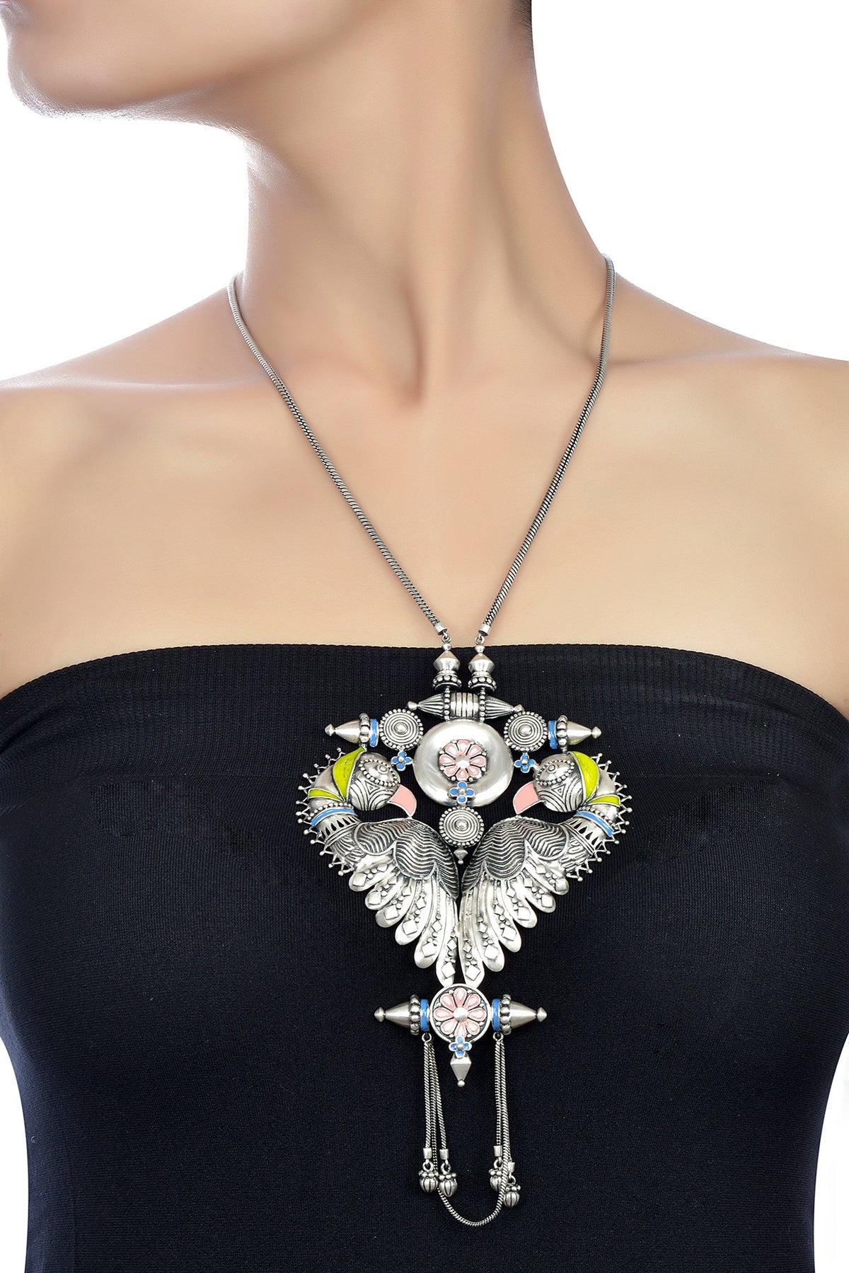 Oxidised Silver Finish Enameled Bird Necklace