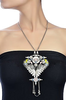 Oxidised Silver Finish Enameled Bird Necklace
