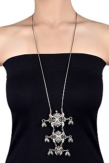 Oxidised Silver Finish Enameled Long Necklace