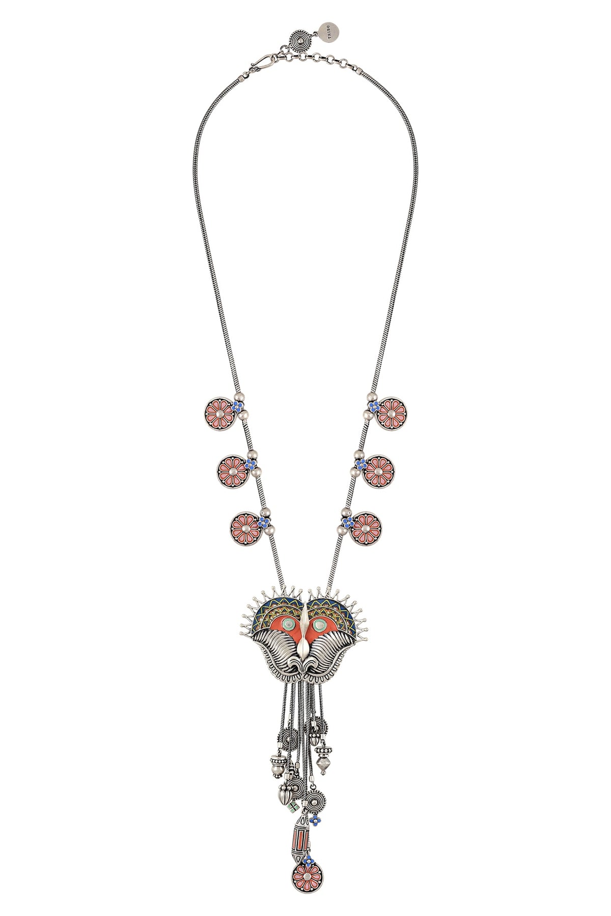 Oxidised Silver Finish Enameled Charm Necklace