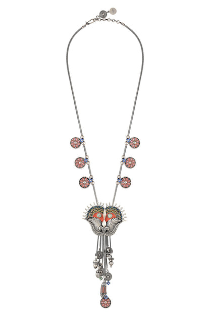 Oxidised Silver Finish Enameled Charm Necklace