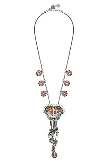Oxidised Silver Finish Enameled Charm Necklace