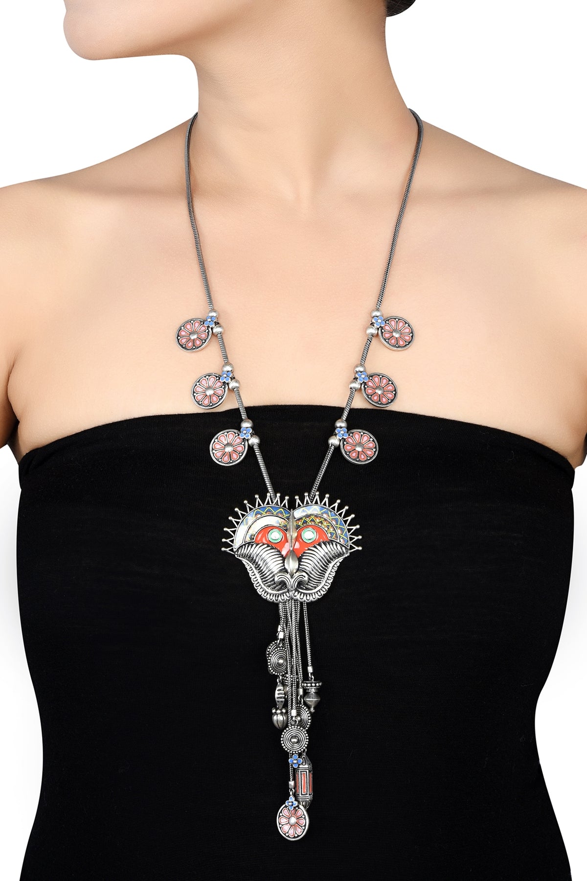 Oxidised Silver Finish Enameled Charm Necklace
