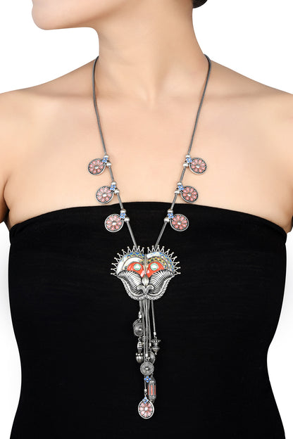 Oxidised Silver Finish Enameled Charm Necklace