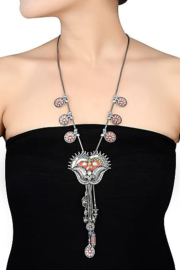 Oxidised Silver Finish Enameled Charm Necklace