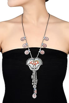 Oxidised Silver Finish Enameled Charm Necklace