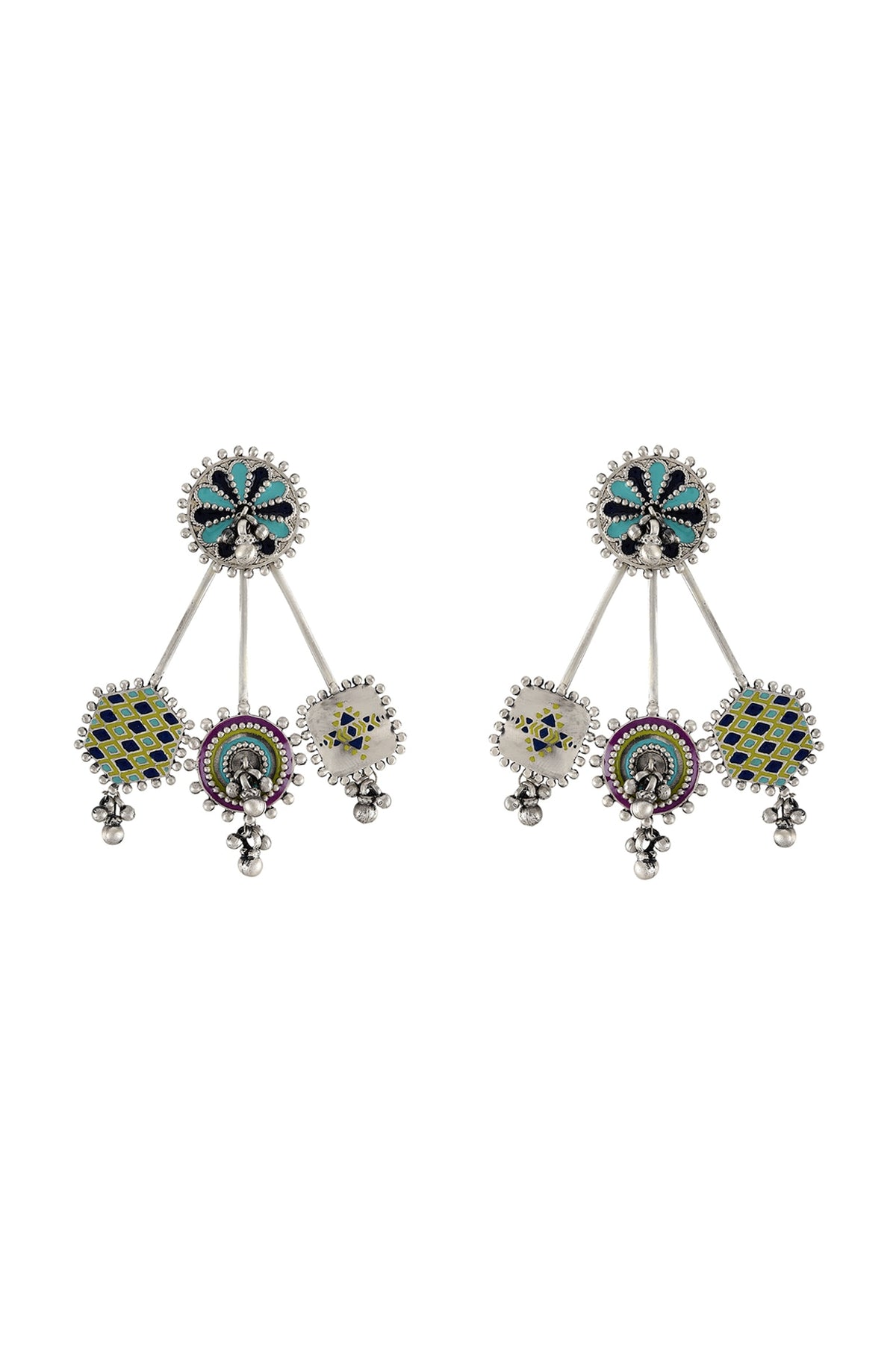 Oxidised Silver Finish Enameled Earrings In Sterling Silver