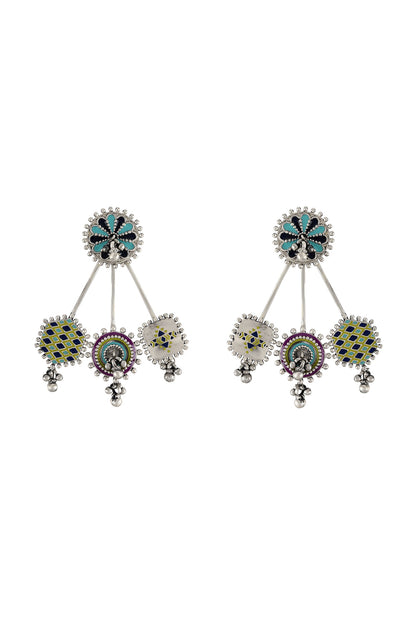 Oxidised Silver Finish Enameled Earrings In Sterling Silver
