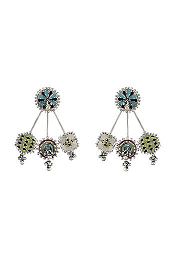 Oxidised Silver Finish Enameled Earrings In Sterling Silver