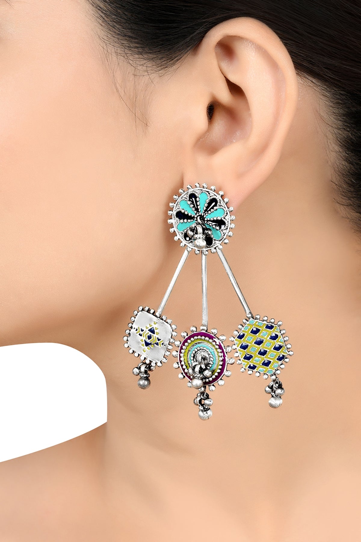 Oxidised Silver Finish Enameled Earrings In Sterling Silver