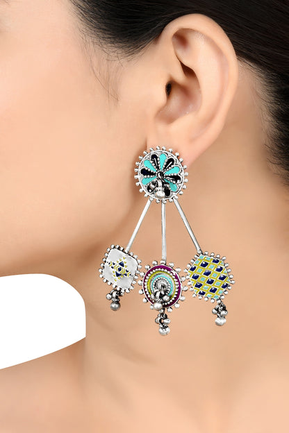 Oxidised Silver Finish Enameled Earrings In Sterling Silver