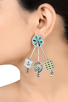 Oxidised Silver Finish Enameled Earrings In Sterling Silver