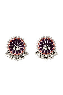Oxidised Silver Finish Ghungroo Enameled Ear Studs In Sterling Silver