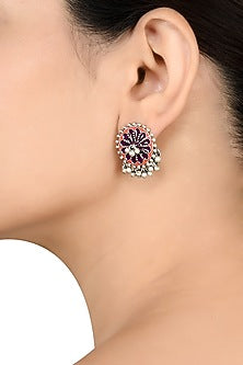 Oxidised Silver Finish Ghungroo Enameled Ear Studs In Sterling Silver