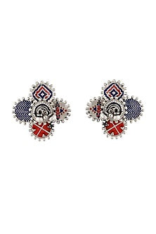 Oxidised Silver Finish Enameled Ear Studs In Sterling Silver